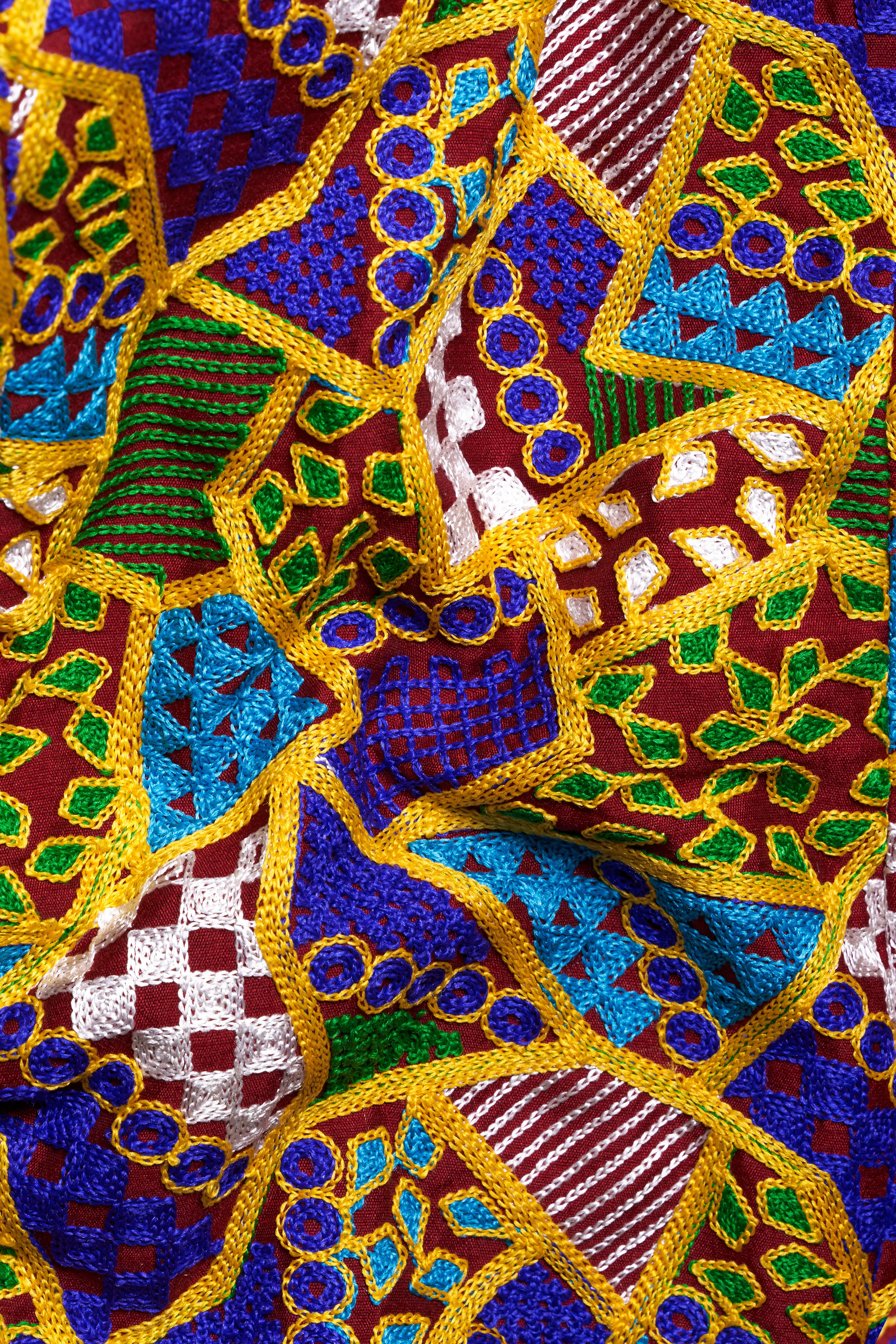 Amber Yellow with Cobalt Blue Multicolour Cotton Thread Embroidered Nehru Jacket - Image 3