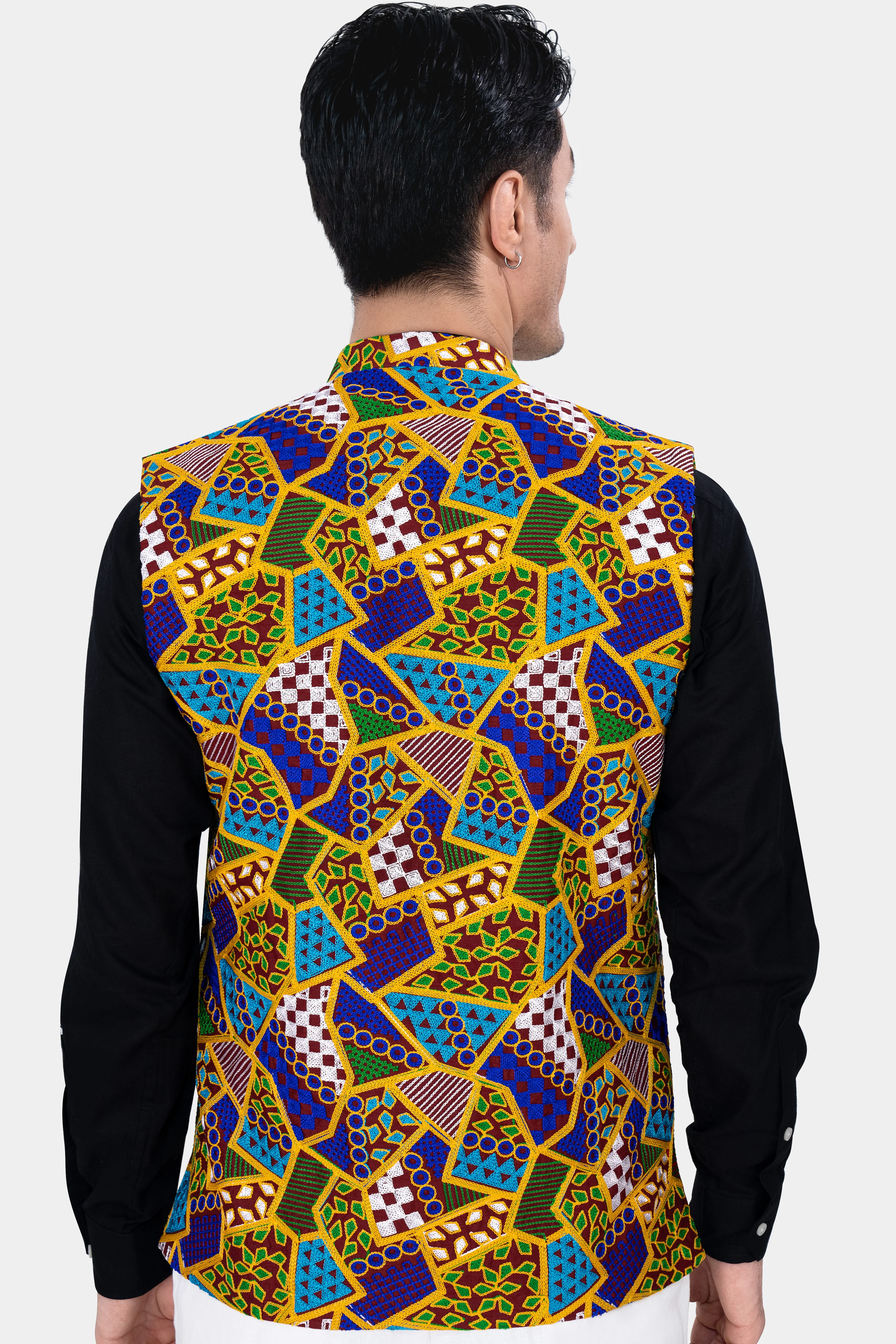 Amber Yellow with Cobalt Blue Multicolour Cotton Thread Embroidered Nehru Jacket - Image 4