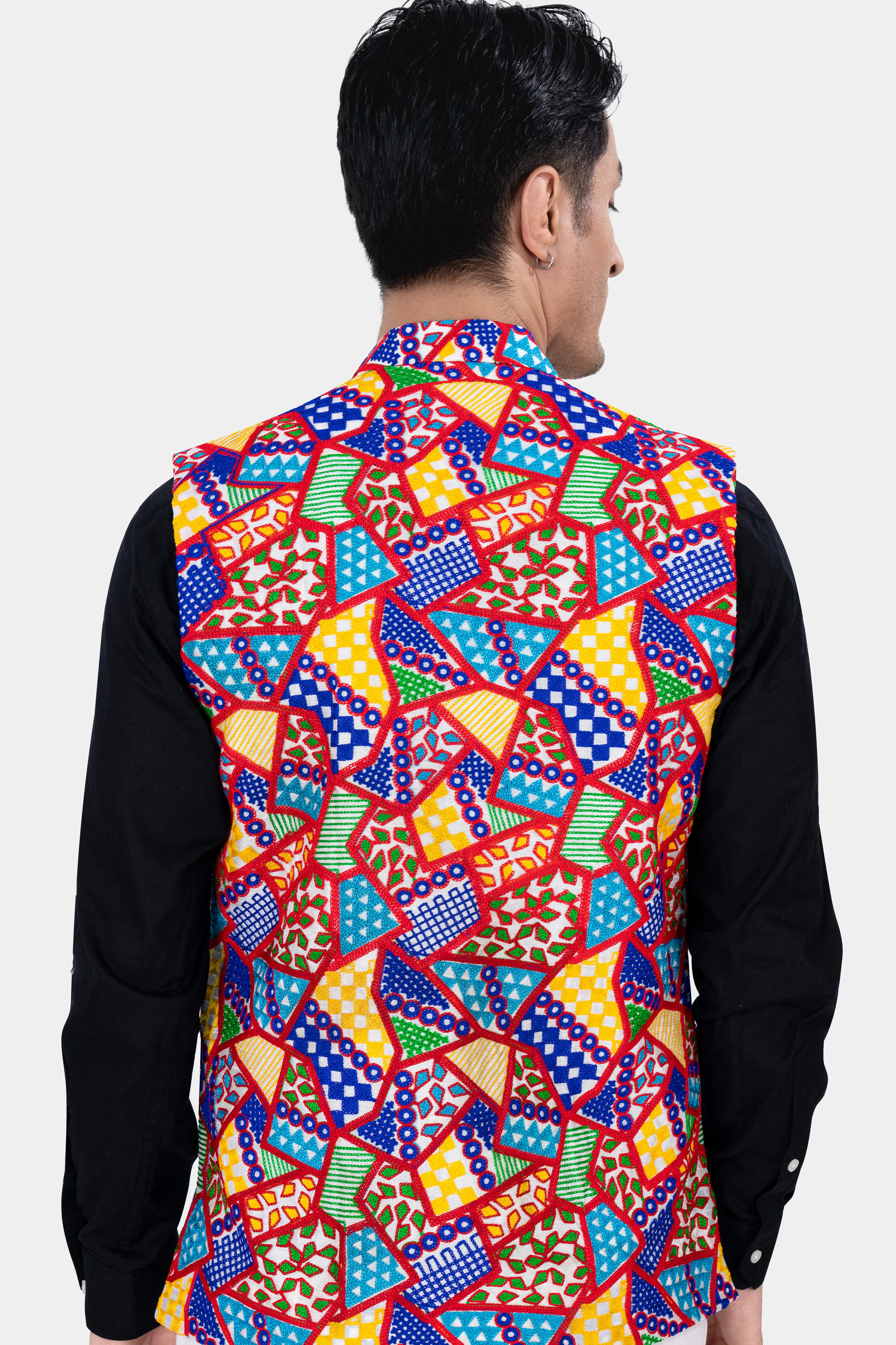 Carmine Red with Cobalt Blue and Amber Yellow Multicolour Cotton Thread Embroidered Nehru Jacket - Image 5