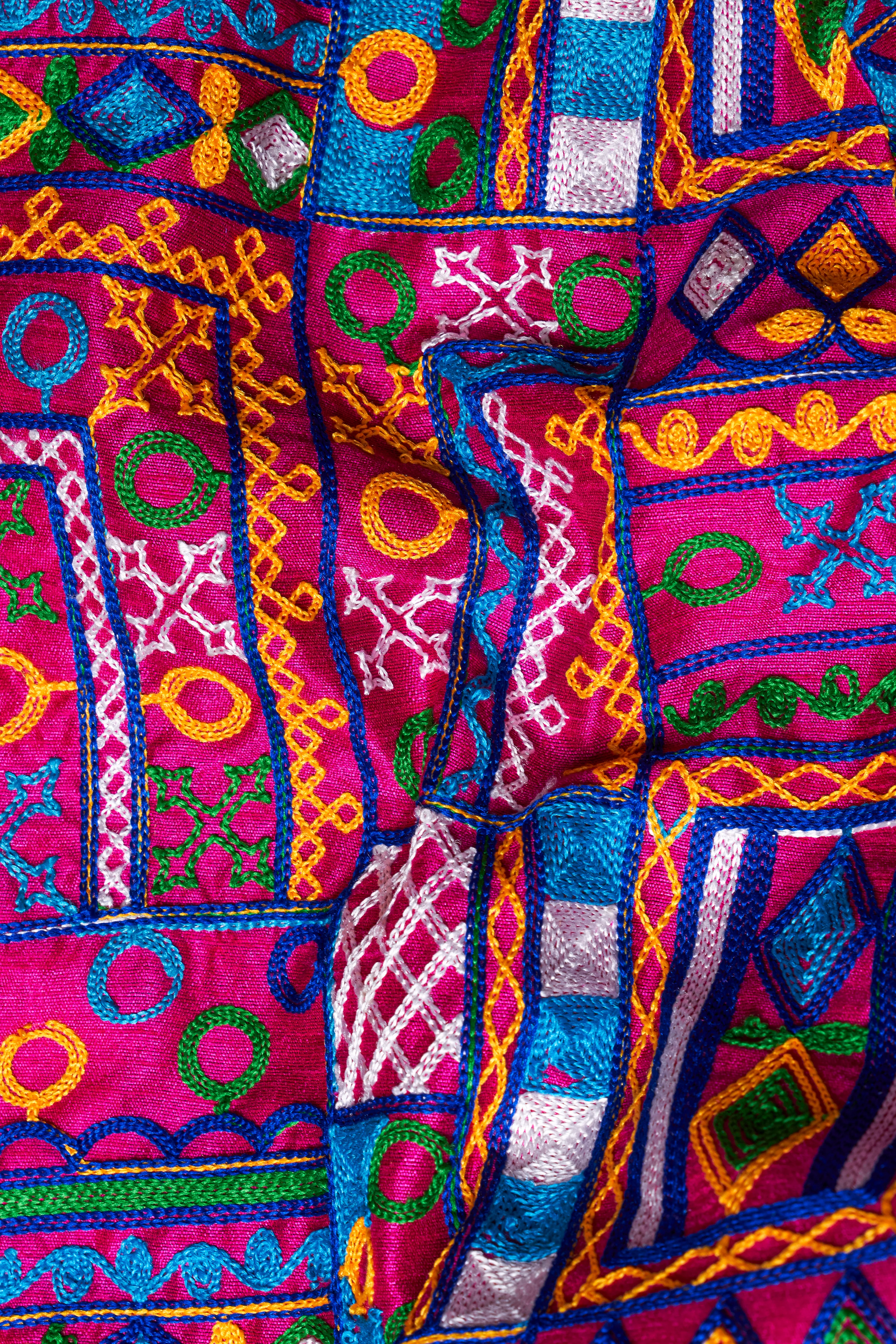 Fuchsia Pink and Smalt Blue Multicolour Cotton Thread Embroidered Nehru Jacket - Image 3
