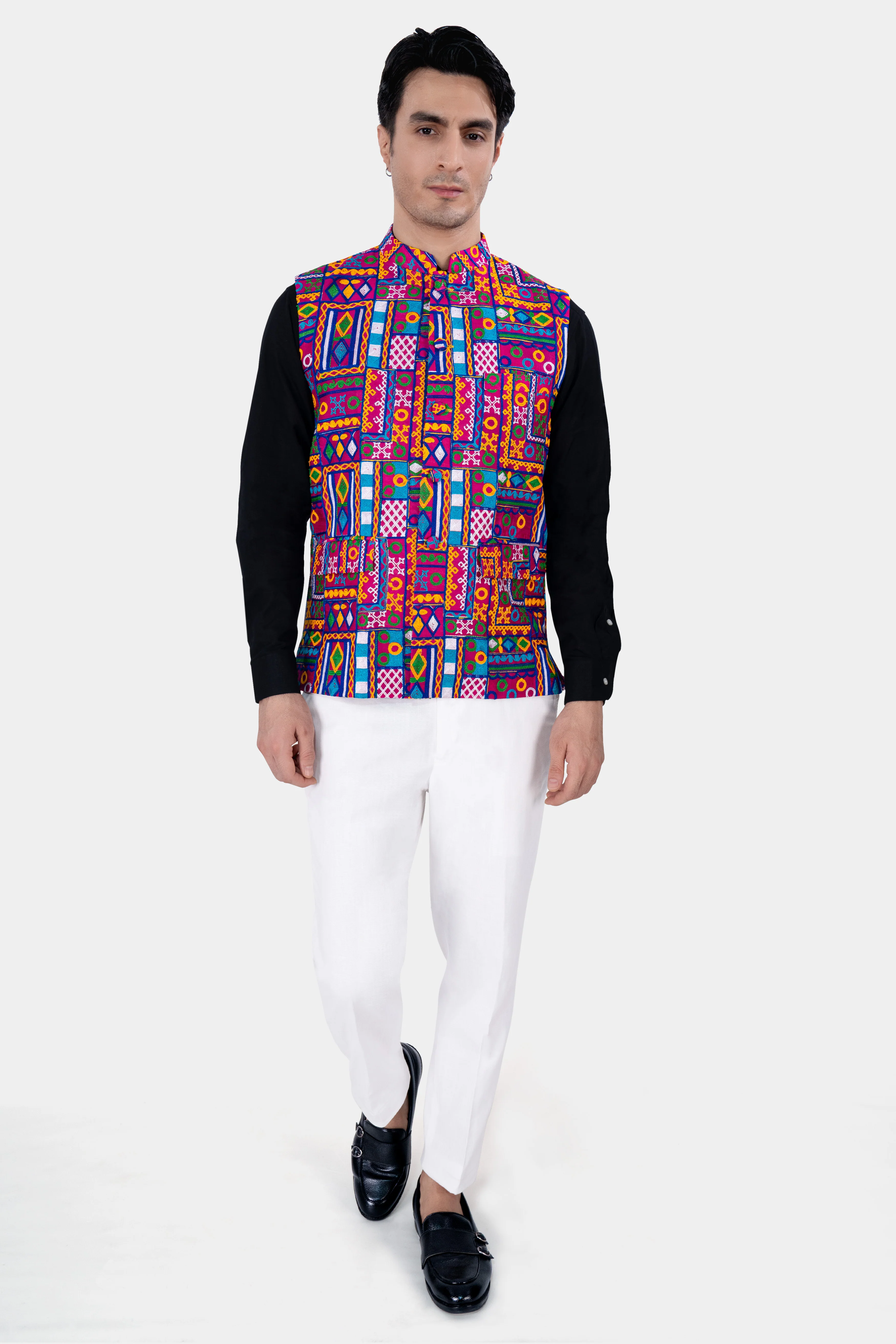 Fuchsia Pink and Smalt Blue Multicolour Cotton Thread Embroidered Nehru Jacket - Image 6